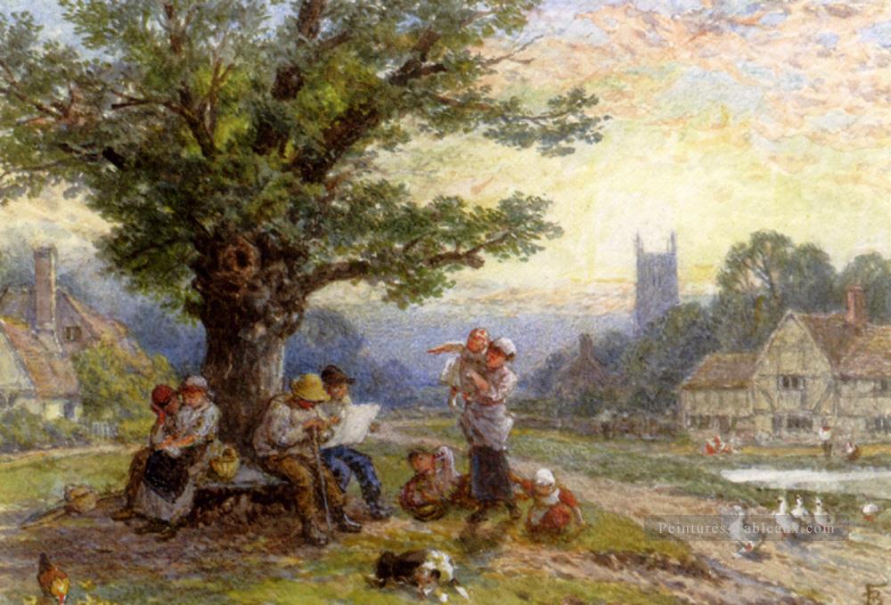Fugures et enfants sous un arbre dans un village victorien Myles Birket Foster Peintures à l'huile
